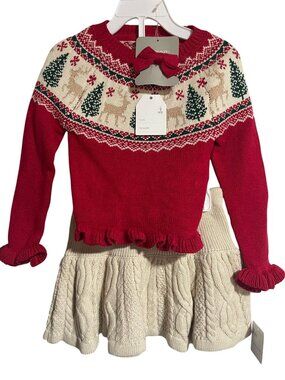 Tahari Girls Red Knit Sweater & Cream Cable Knit Skirt Size 2T Holiday Christmas
